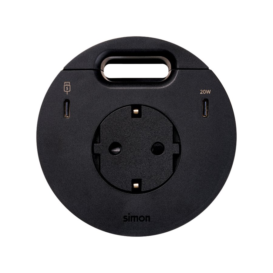 Furniture power socket (schuko grounding) with USB-C 20W charger, USB Type C DATA port and grommet (cable outlet)- 2x HDMI + LAN + 3x USB Type A docking station included, Simon 400 Flash 90, IP20, 16A, Mount. dimen.: Ø80mm, black