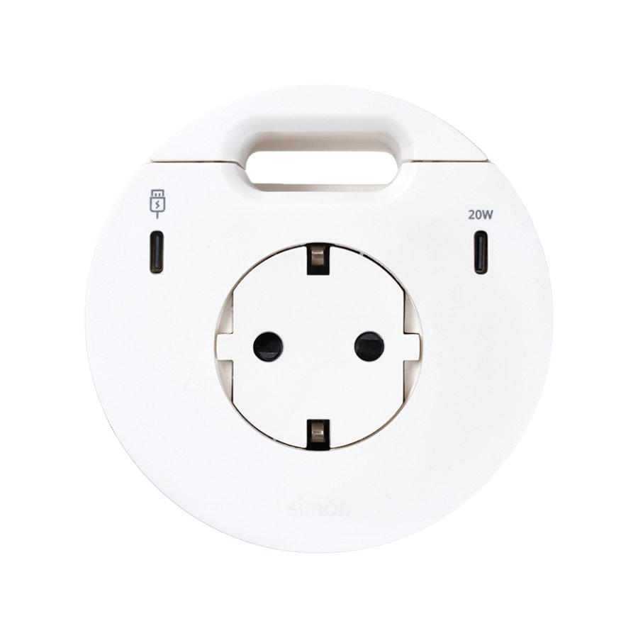 Furniture power socket (schuko grounding) with USB-C 20W charger, USB Type C DATA port and grommet (cable outlet)- 1x HDMI + LAN + 3x USB Type A docking station included, Simon 400 Flash 90, IP20, 16A, Mount. dimen.: Ø80mm, white