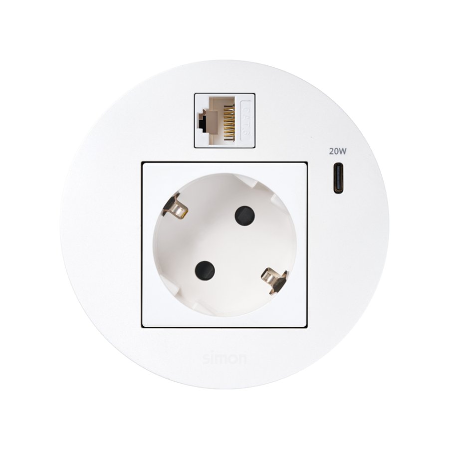Furniture power socket (schuko grounding) with USB-C 20W charger and RJ45 connector cat. 6 UTP (Keystone), Simon 400 Flash 90, IP20, 16A, Mount. dimen.: Ø80mm, white