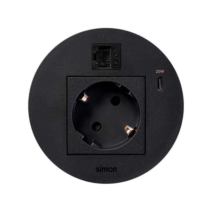 Furniture power socket (schuko grounding) with USB-C 20W charger and RJ45 connector cat. 6 UTP (Keystone), Simon 400 Flash 90, IP20, 16A, Mount. dimen.: Ø80mm, black