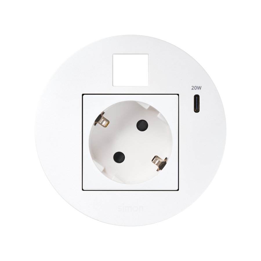 Baldų elektros lizdas (su „Schuko“ įžeminimu) su USB-C 20 W įkrovikliu ir RJ45 plokštele („Keystone“), „Simon 400 Flash 90“, IP20, 16 A, montavimo matmenys: Ø80 mm, balta