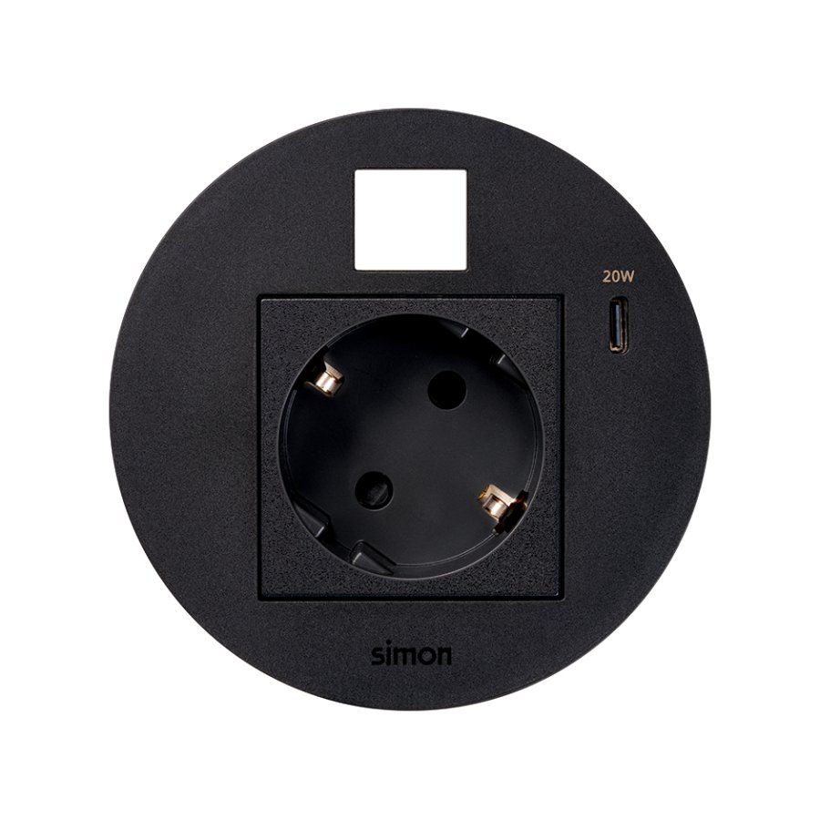 Furniture power socket (schuko grounding) with USB-C 20W charger and RJ45 plate (keystone), Simon 400 Flash 90, IP20, 16A, Mount. dimen.: Ø80mm, black