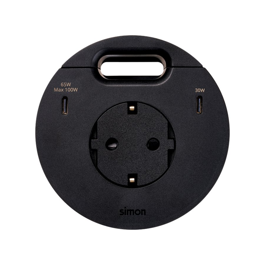 Baldų elektros lizdas (su „Schuko“ įžeminimu) su 100 W USB-C įkrovikliu ir kabelio išvedimo anga, „Simon 400 Flash 90“, IP20, 16 A, montavimo matmenys: Ø80 mm, juoda
