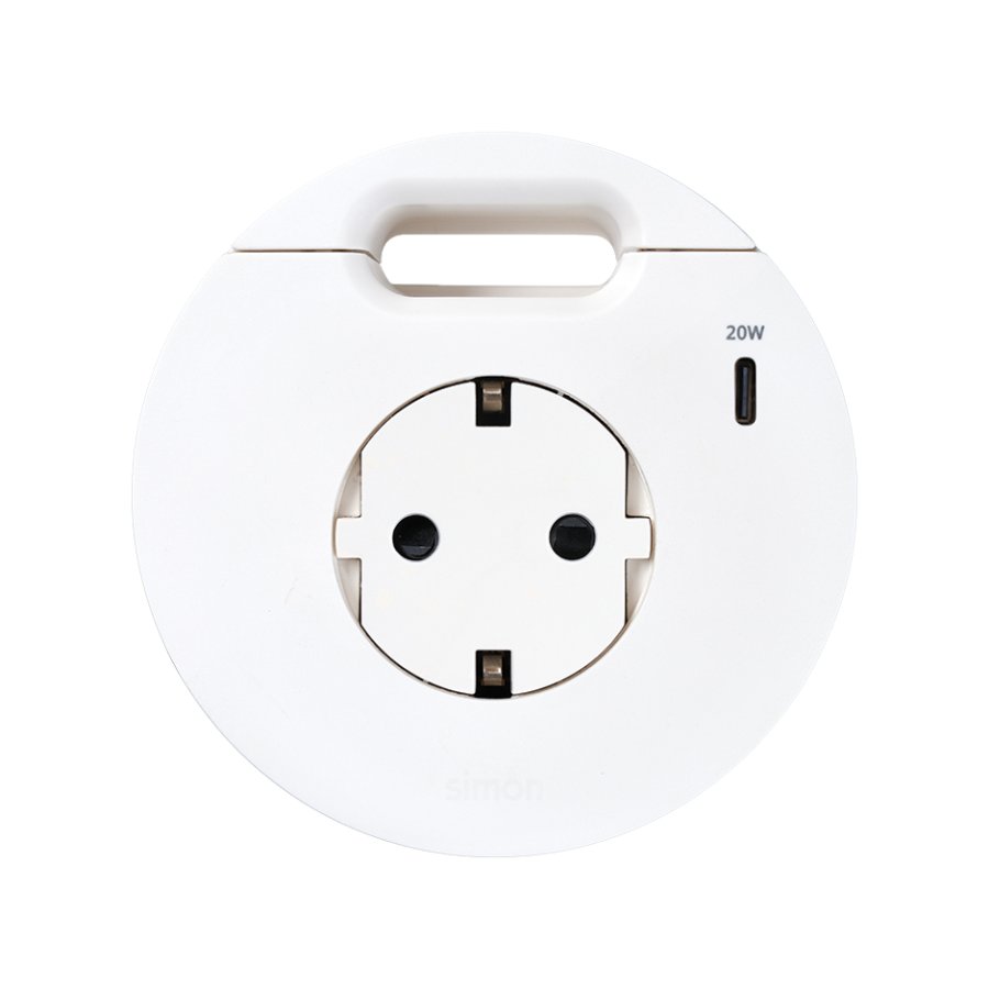 Baldų elektros lizdas (su „Schuko“ įžeminimu) su 20 W USB-C įkrovikliu ir kabelio išvedimo anga, „Simon 400 Flash 90“, IP20, 16 A, montavimo matmenys: Ø80 mm, balta
