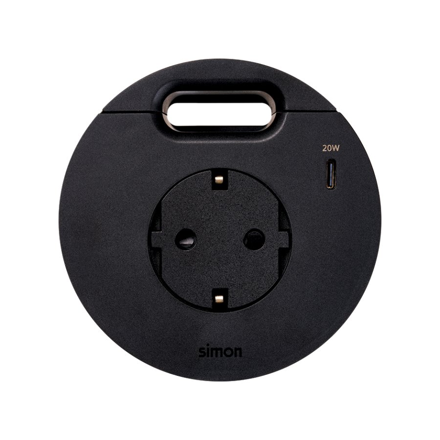 Baldų elektros lizdas (su „Schuko“ įžeminimu) su 20 W USB-C įkrovikliu ir kabelio išvedimo anga, „Simon 400 Flash 90“, IP20, 16 A, montavimo matmenys: Ø80 mm, juoda