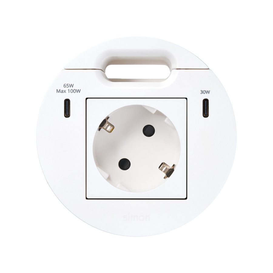 Baldų elektros lizdas (su „Schuko“ įžeminimu) su 100 W USB-C įkrovikliu ir kabelio išvedimo anga, „Simon 400 Flash 90“, IP20, 16 A, montavimo matmenys: Ø80 mm, balta