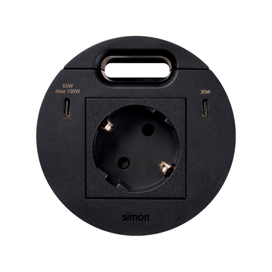 Furniture power socket (schuko grounding) with USB-C 100W charger and grommet (cable outlet), Simon 400 Flash 90, IP20, 16A, Mount. dimen.: Ø80mm, black