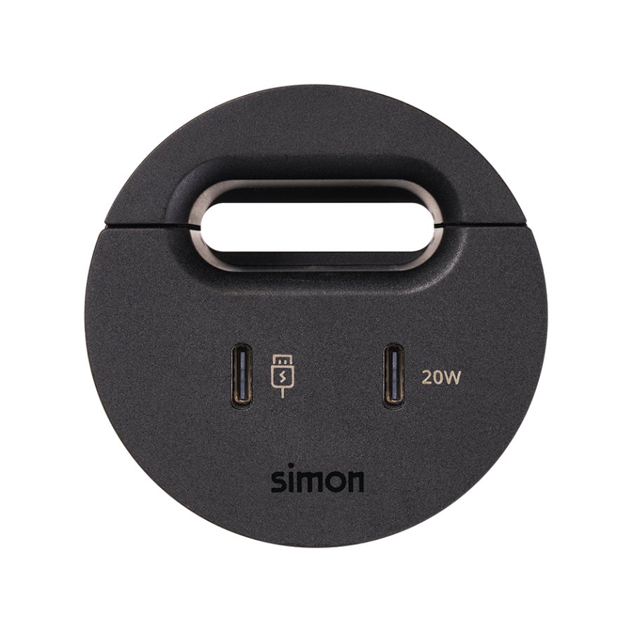 Furniture USB-C ports with docking station including 1x HDMI + LAN + 3x USB Type A and grommet (cable outlet), Simon 400 Flash 60, IP20, Mount. dimen.: Ø54mm, black