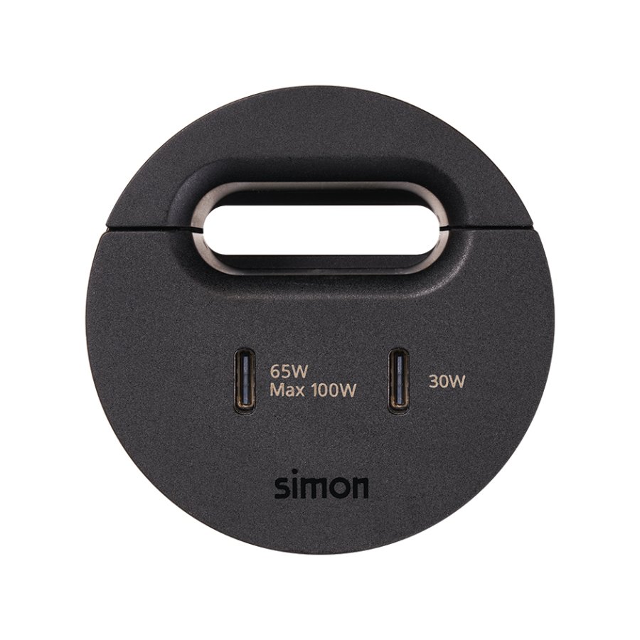 Dvigubas baldinis USB-C 100 W įkroviklis su izoliacijos praėjimu (kabelio išėjimu), „Simon 400 Flash 60“, IP20, montavimo matmenys: Ø54 mm, juoda
