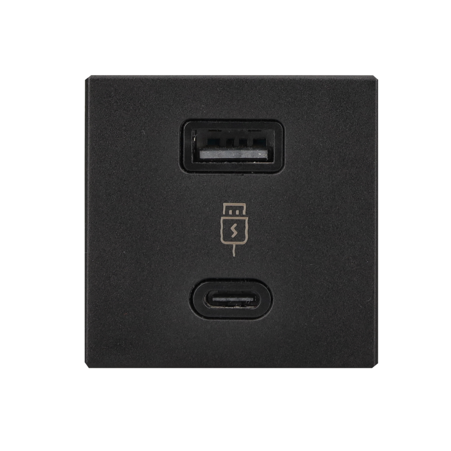USB charger QUICK CHARGE, K45, USB 2.0 A + C, 5V, DC, 3A, 45×45mm, USB: C+A, Maximum charging power: 30W, black