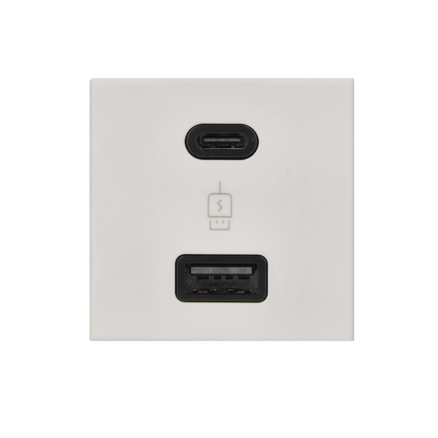 USB įkroviklis „QUICK CHARGE“, K45, USB 2.0 A + C, 5 V, nuolatinė srovė, 3 A, 45×45 mm, USB: C+A, maksimali įkrovimo galia: 30 W, gryna balta (Pure white)