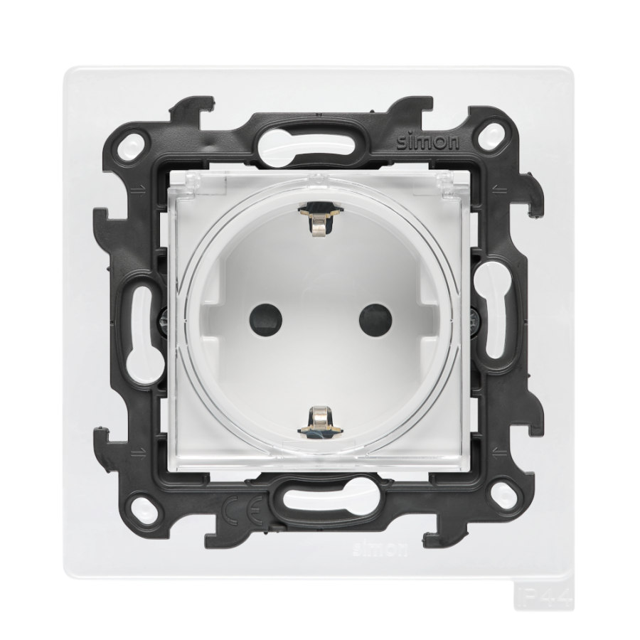 Single socket outlet with Schuko earthing for IP44 version with seal frame, with shutters, (module), Simon 24, IP44, Flap color: Transparent, white