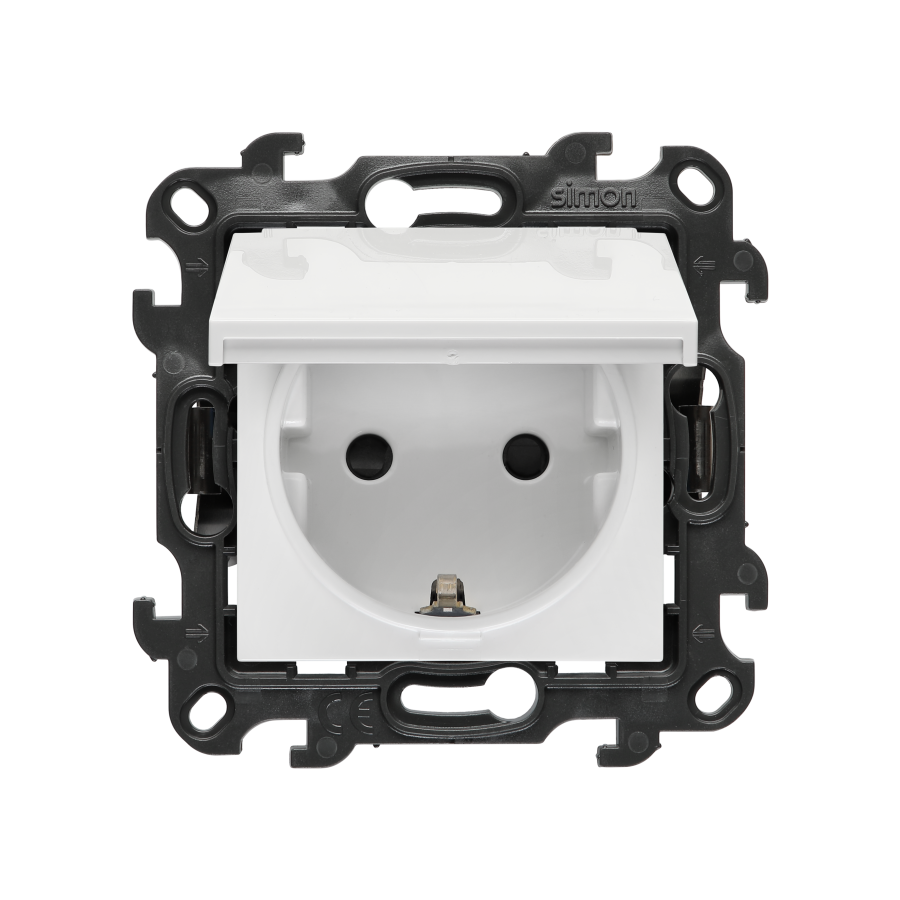Single socket outlet with Schuko earthing for IP44 without seal frame, with shutters, (module), Simon 24, IP44, Flap color: Same as a cover, white